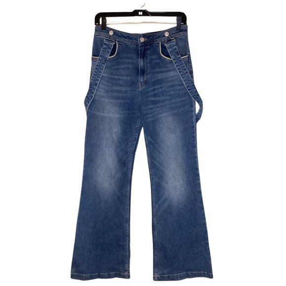 We The Free People Jeans Women’s 27 Blue Suspenders Overalls Wide Leg Flared - Picture 1 of 9